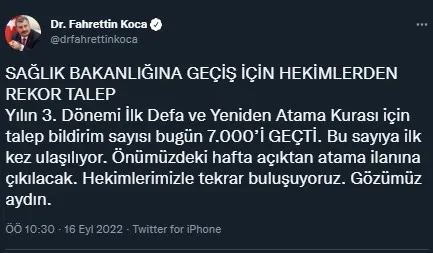 1663314921025.jpg Sağlık Bakanlığına dönüş için rekor başvuru! Bakan Koca son sayıyı "İlk kez ulaşılıyor" diyerek duyurdu-2