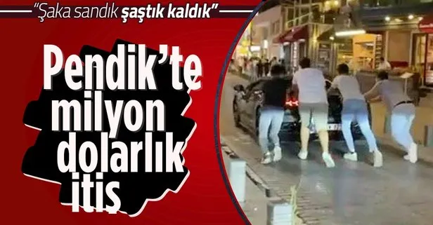 İstanbul Pendik’te vatandaşlar yolda kalan Lamborghini’yi itti