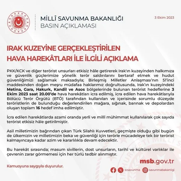 msb-duyurdu-16-hedef-imha-edildi-1696357187214.jpeg Irak'ın kuzeyine hava harekatı! Milli Savunma Bakanlığı duyurdu: 16 terör hedefi vuruldu-2