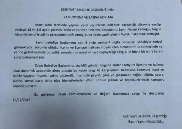 Esenyurt Belediye Baskani Istifa Etti Takvim