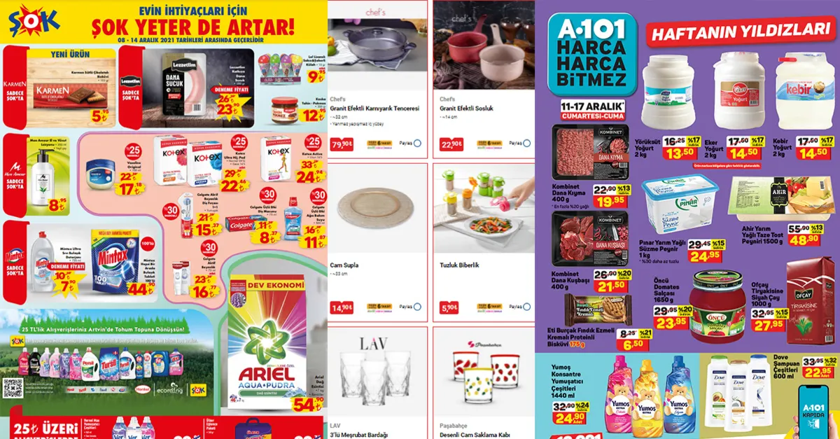 Üç zincir market aktüel ürünler kataloğunu yayınladı! A101 BİM ŞOK haftanın yeni indirimli ürünleri belli oldu! Envai çeşit ürün 5 TL’ye kadar düştü
