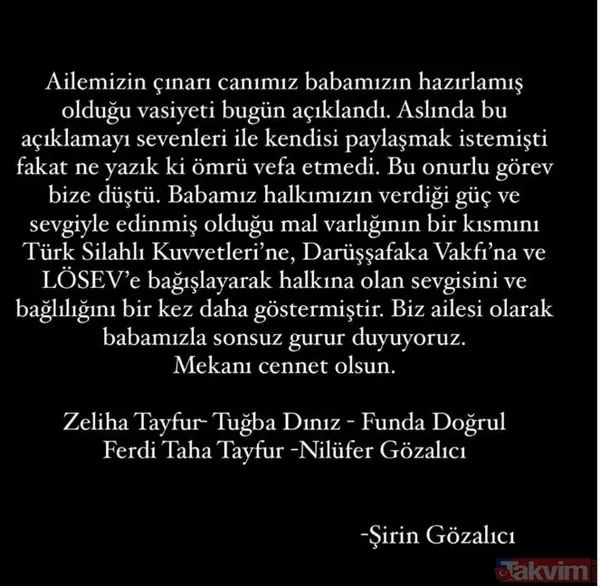 Yeğeni Açıkladı! Şirin Gözalıcı'nın Yaptığı Paylaşıma Göre Ferdi Tayfur'un Vasiyeti Şöyle: "Ailemizin Çınarı Canımız Babamız Hazırlamış Olduğu Vasiyeti Bugün...