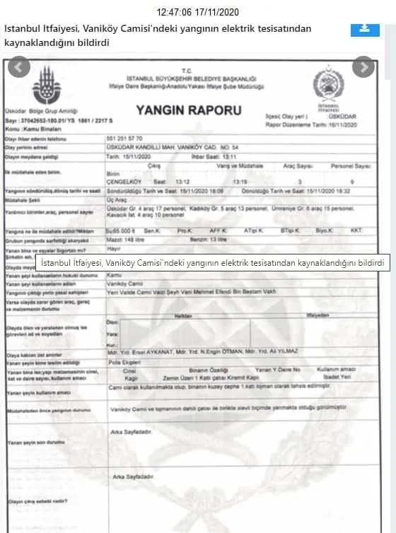 Son Dakika Itfaiye Kritik Raporu Acikladi Vanikoy Camii De Cikan Yanginin Sebebi Belli Oldu Takvim