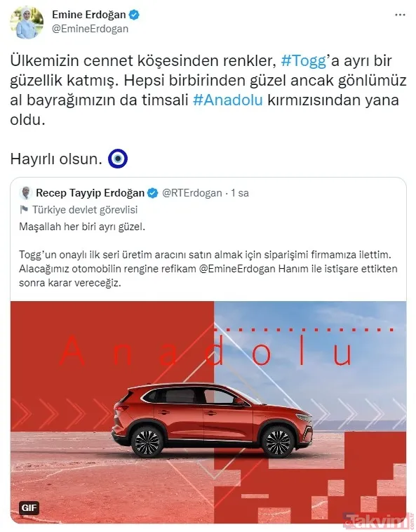 Başkan Erdoğan Togg'un direksiyonunda: Tekerine taş değmesin... Araç rengi için işaret ettiği Emine Erdoğan kararını verdi - 14