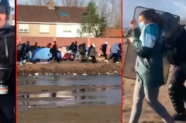 Fransa’da polis göçmenleri çadırlarından çıkararak kovaladı! Biber gazı, galoş, şiddet...