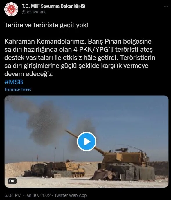 Son dakika: Milli Savunma Bakanlığı duyurdu: Barış Pınarı bölgesinde 4 terörist etkisiz hale getirildi-1