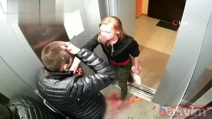 Rus çift önce kavga edip asansörü kana buladı sonra temizledi! O anlar kamerada