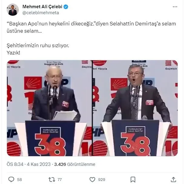 chp-kurultayinda-selahattin-demirtasi-guzelleme-yarisi-ak-partiden-kilicdaroglu-ve-ozgur-ozele-tepki-sehitleri-1699120874705.jpeg CHP kurultayında Selahattin Demirtaş'ı güzelleme yarışı! AK Parti'den Kılıçdaroğlu ve Özgür Özel'e tepki: Şehitlerimizin ruhu sızlıyor-3