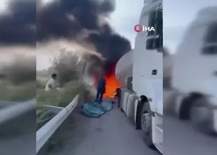 Iğdır’da hareket halindeki çimento tankerinin lastikleri alev aldı!
