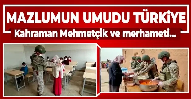 Mazlumun umudu Türkiye! Kahraman Mehmetçik, Barış Pınarı harekat bölgesinde giyim ve gıda malzemesi dağıttı