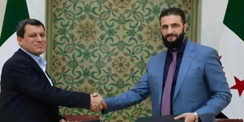 Suriye Cumhurbaşkanı Ahmed Şara ve SDG elebaşı Mazlum Abdi 10 Mart mutabakatı imza anlaşması (takvim.com.tr)