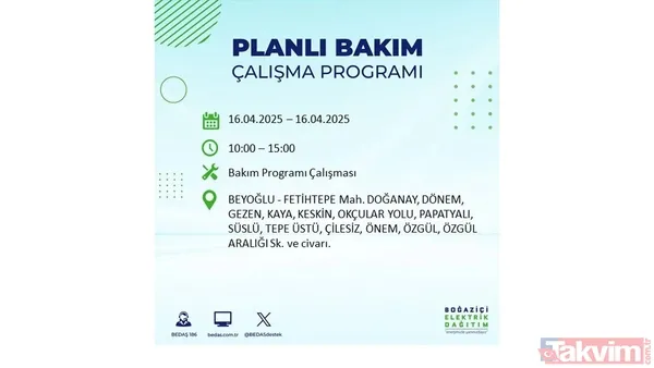 16 Nisan 2025 Bedaş İstanbul Elektrik Kesintisi