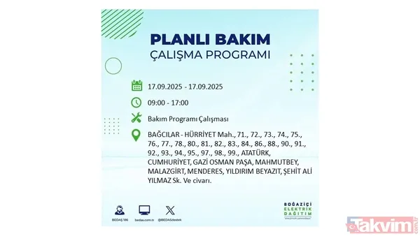 17 Eylül 2025 elektrik kesintisi bildirimi: İstanbul'da elektrik kesintisi olacak ilçeler hangileri? BEDAŞ mahalle mahalle listeledi - 16