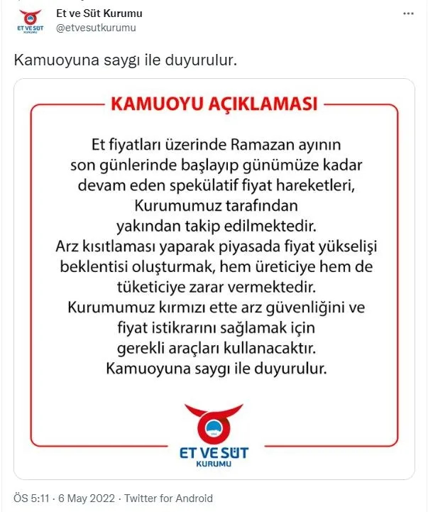 Et ve Süt Kurumu duyurdu: Kırmızı ette arz güvenliği ve fiyat istikrarı sağlamak için gerekli araçları kullanacak - Takvim