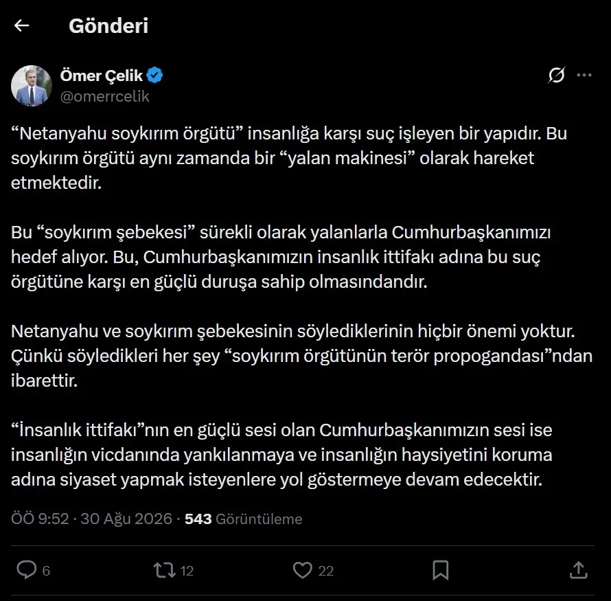 ankaradan-israilin-baskan-erdogani-hedef-alan-iftiralarina-sert-yanit-korkak-ve-curumus-zihniyetin-gostergesi-1788073232735.jpeg Ankara'dan İsrail’in Başkan Erdoğan'ı hedef alan iftiralarına sert yanıt! AK Parti'den okkalı ayar: “Netanyahu soykırım örgütü”-6