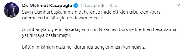 Son dakika: Gençlik ve Spor Bakanı Kasapoğlu duyurdu: Öğrencilerin Nisan ayı burs ve kredileri yatırılmaya başlandı!-1