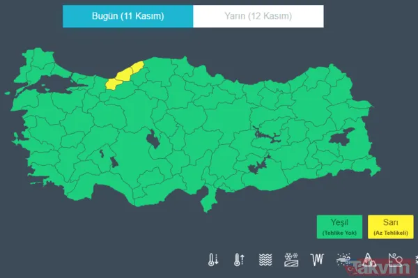 Sarı kodlu uyarı var mı? MGM'den paylaşılan güncel haritaya göre bugün (11 Kasım 2025) 3 ilde ( Zonguldak, Bartın, Düzce) sarı kodlu uyarı bulunuyor.
