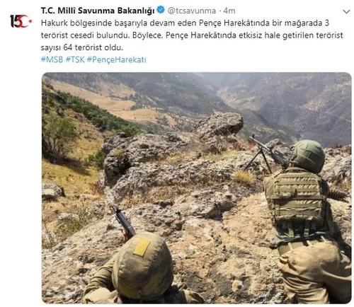 Son dakika: Pençe Harekatı'nda flaş gelişme: Etkisiz hale getirilen terörist sayısı 64 oldu-1