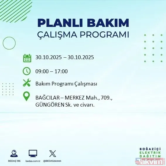 30 Ekim 2025 İstanbul'da elektrik kesintisi yaşanacak ilçeler