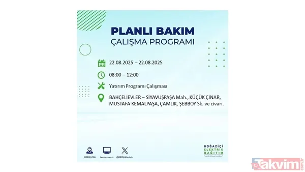 İstanbul'da 19 ilçede elektrik kesintisi! BEDAŞ İLÇE İLÇE listeledi: 22 Ağustos Cuma günü 8 saat yok - 33