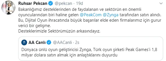 Son dakika: Ticaret Bakanı Ruhsar Pekcan'dan Peak Games'in satışıyla ilgili açıklama: Gurur verici!-1
