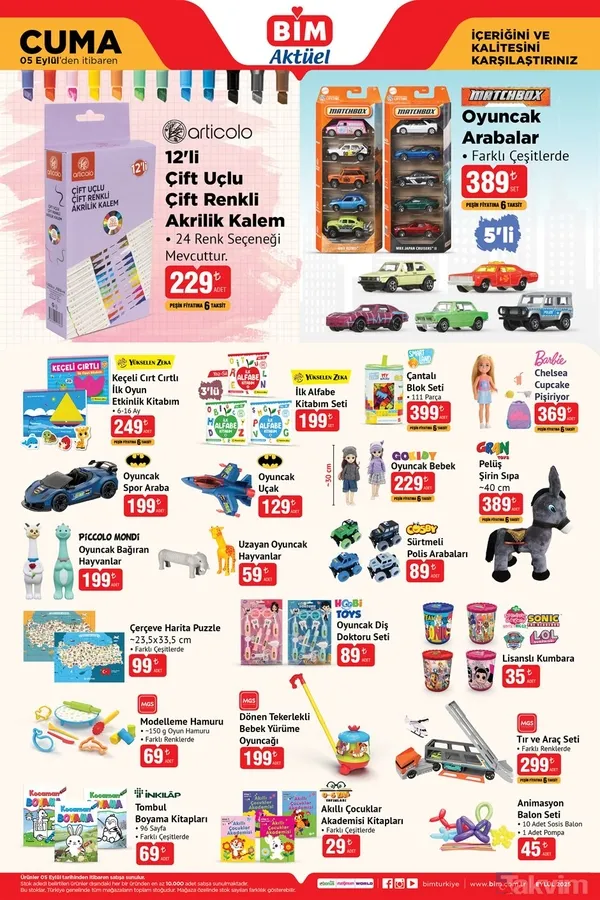 🛒 Bim 2 - 5 Eylül 2025 Aktüel Ürünler Ve Fiyat Listesi ✏️ Kırtasiye & Oyuncak 🖊️ 12'Li Çift Uçlu Çift Renkli Akrilik Kalem: 229 Tl 🚗 Matchbox Oyuncak...