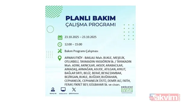 ↪23 Ekim 2025 İstanbul merkezli elektrik kesintisi yaşanacak ilçe, mahalle ve sokaklar↩