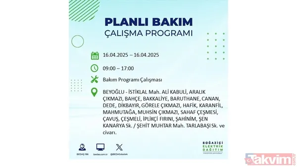 16 Nisan 2025 Bedaş İstanbul Elektrik Kesintisi