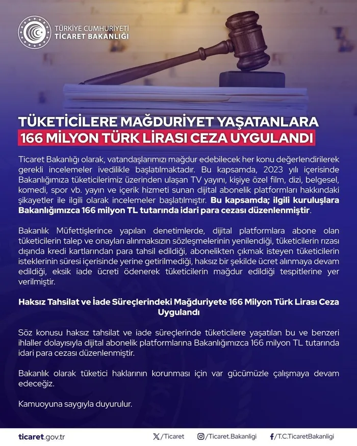 Ticaret Bakanlığı açıkladı: Tüketicilere mağduriyet yaşatan dijital platformlara 166 milyon Türk Lirası ceza uygulandı-2