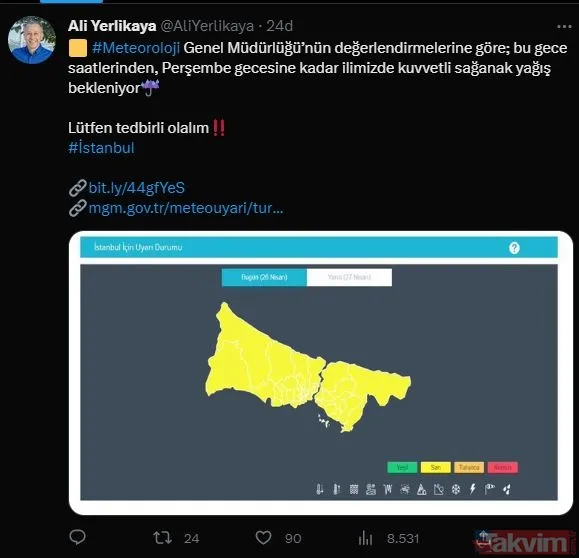 İSTANBUL VALİLİĞİNDEN AÇIKLAMA İstanbul Valisi Ali Yerlikaya sosyal medya hesabından yaptığı paylaşımda "Meteoroloji Genel Müdürlüğü'nün değerlendirmelerine...