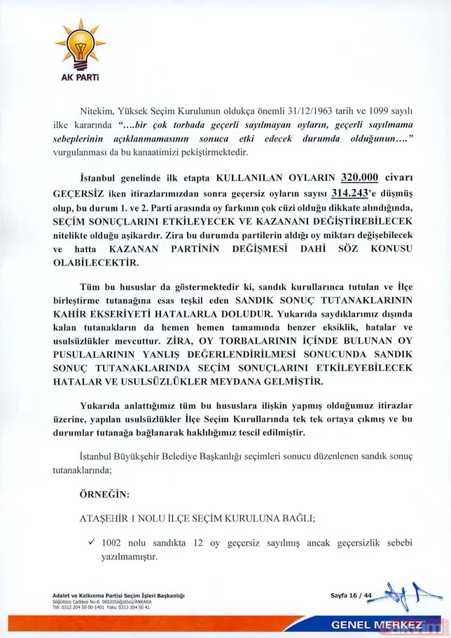 İÅte  AK Parti İstanbul seçimlenin iptali için YSK'ya verdiÄi 44 sayfalık olaÄanüstü itiraz dilekçesi