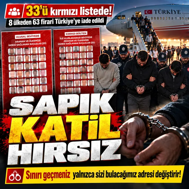 33 şüpheli kırmızı bültenle aranıyordu: 8 ülkeden 63 firari Türkiyeye getirildi!