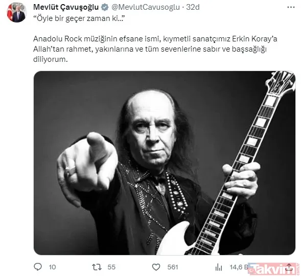 Ak Parti Antalya Milletvekili Mevlüt Çavuşoğlu: "Öyle Bir Geçer Zaman Ki…" Anadolu Rock Müziğinin Efsane İsmi, Kıymetli Sanatçımız Erkin Koray'a Allah'tan...