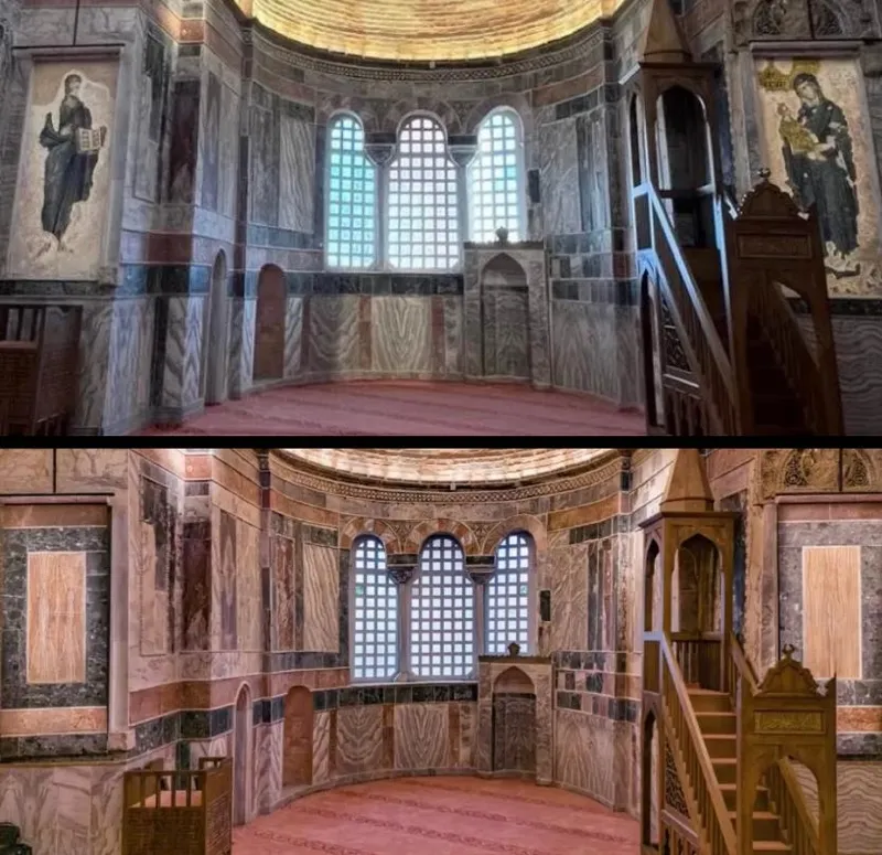 Kariye Camii’nde namaz kılınacak olan naos - harim bölümündeki iki resim yapıyı çevreleyen taşların renklerinden tasarlanan açılır kapanır perdelerle örtüldü.