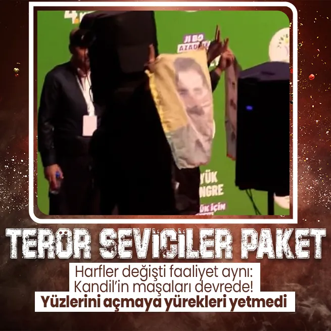 Yeşil Sol Parti kongresinde skandal görüntü: Kürsüye çıkıp terörist başı Öcalanın posterini açtılar! 4 şüpheliden 1i tutuklandı