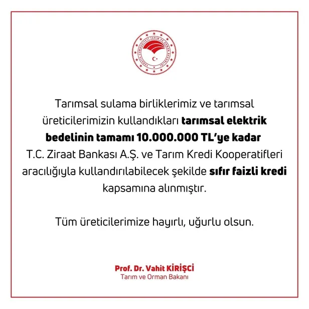 Çiftçiye bir destek daha! Bakan Kirişci açıkladı: Sıfır faizli kredi kapsamına alındı-1