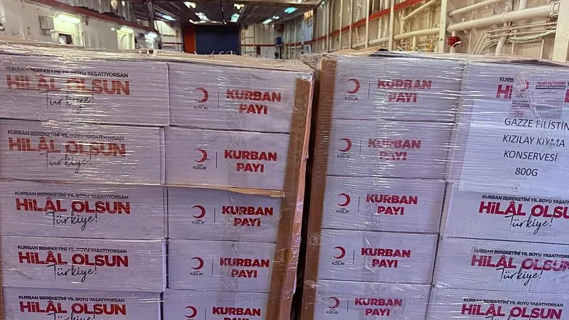 Gazze'ye ulaştırılacak insani yardım malzemeleri ʺİyilik Gemisiʺne yüklendi. (AA)