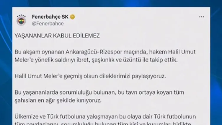 Fenerbahçe'den hakeme saldırı sonrası açıklama: "Yaşananlar kabul edilemez"