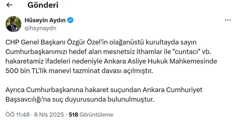 cunta-provokasyonunun-hesabi-soruluyor-baskan-erdogandan-ozgur-ozele-hem-tazminat-davasi-hem-suc-duyurusu-1744103565075.jpeg Başkan Erdoğan'dan Özgür Özel'e 500 bin TL'lik manevi tazminat davası (Takvim.com.tr)