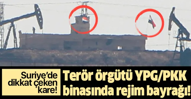 Kamışlı’da terör örgütü PKK/YPG’nin kullandığı sözde karakolda rejim bayrağı!