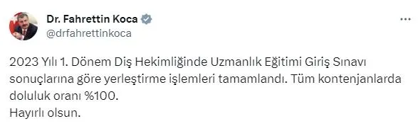 saglik-bakani-fahrettin-koca-duyurdu-dis-hekimliginde-uzmanlik-egitimi-giris-sinavi-sonuclarina-gore-yerlestir-1692213628297.jpeg Sağlık Bakanı Fahrettin Koca duyurdu! DUS 1. dönem tercihi yerleştirme işlemleri tamamlandı| "Kontenjanlarda doluluk oranı yüzde 100"-2