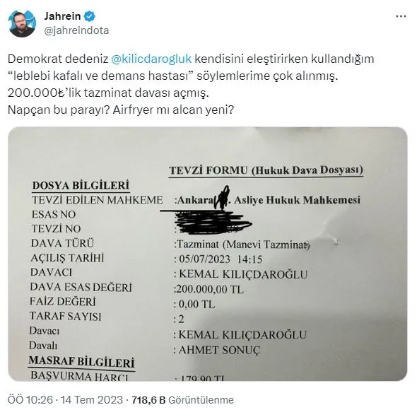Beni eleştirebileceksiniz vaadi de yalan çıktı! Kılıçdaroğlu CHP yandaşı Jahrein lakaplı Ahmet Sonuç’a dava açtı