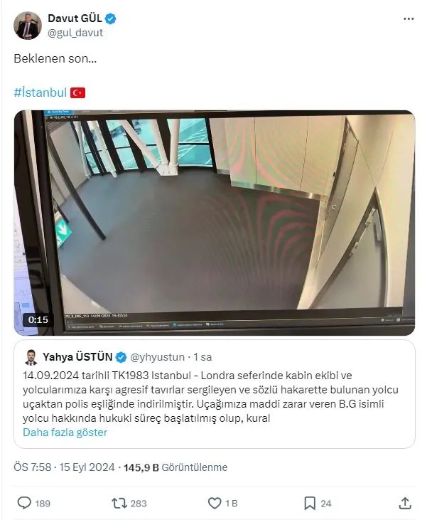 İstanbul Valisi Davut Gül'ün paylaşımı