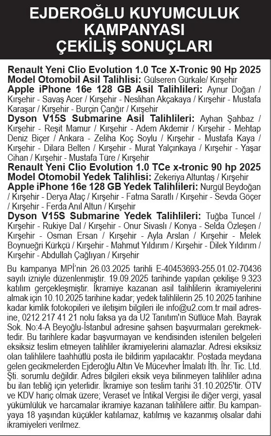 1-talihliye-2025-model-otomobil-ejderoglu-kuyumculuk-cekilis-sonuclari-aciklandi-iste-odul-kazanan-asil-yedek-1758743716898.jpeg Ejderoğlu Kuyumculuk çekiliş sonuçları açıklandı. (Takvim Gazetesi)