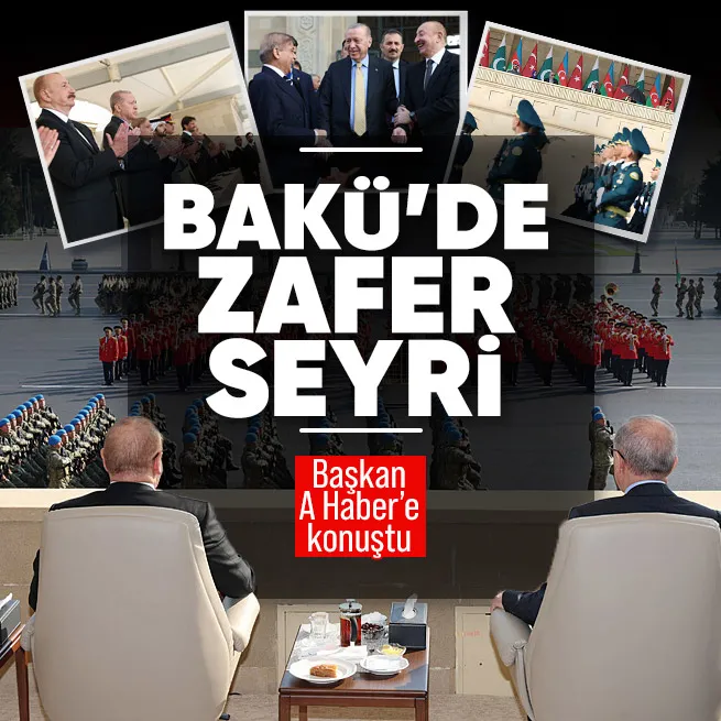 Baküde zafer seyri... Başkan Erdoğan, İlham Aliyev ve Pakistan Başbakanı Şahbaz Şerif ile törenleri takip etti