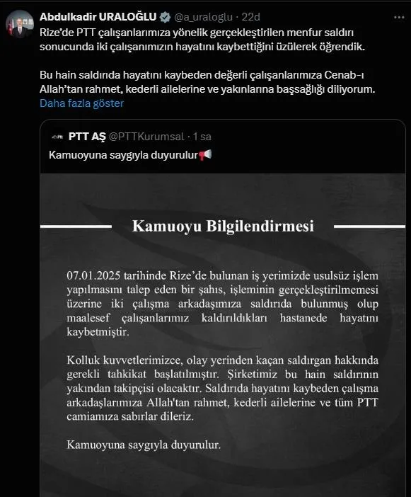 Ulaştırma ve Altyapı Bakanı Abdulkadir Uraloğlu'nun paylaşımı (Ekran görüntüsü)