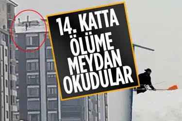 14 katlı binada tehlikeli kar temizliği