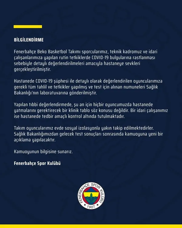 Fenerbahçe, Erkek Basketbol Takımı'ndan koronavirüs açıklaması-1