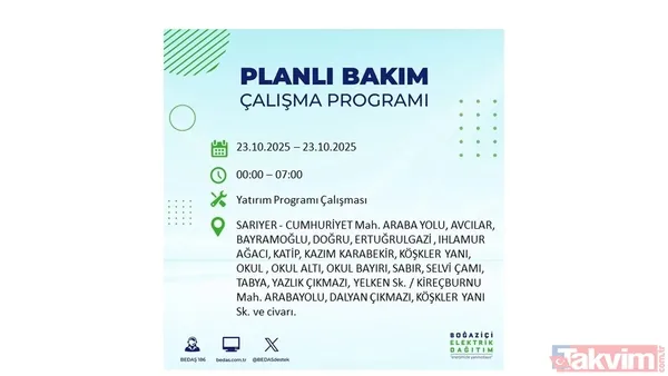 ↪23 Ekim 2025 İstanbul merkezli elektrik kesintisi yaşanacak ilçe, mahalle ve sokaklar↩