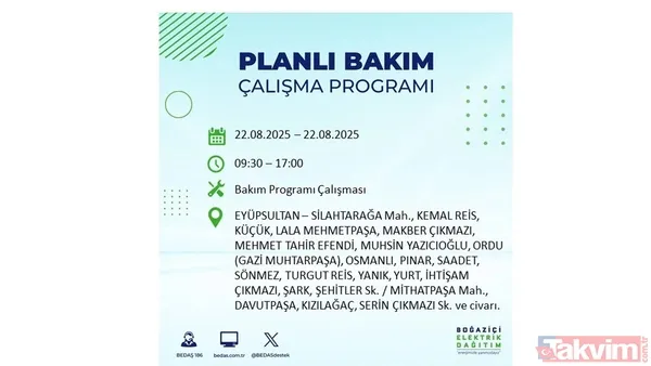İstanbul'da 19 ilçede elektrik kesintisi! BEDAŞ İLÇE İLÇE listeledi: 22 Ağustos Cuma günü 8 saat yok - 17